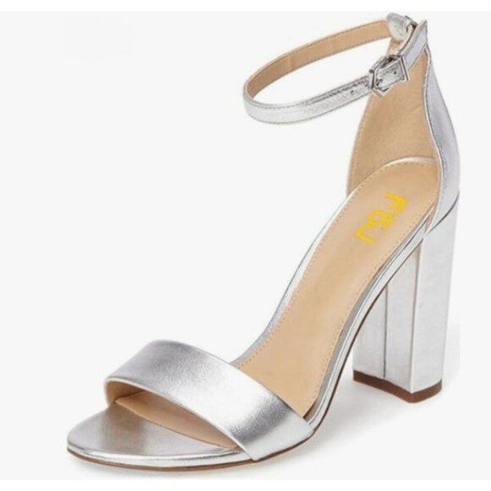 FSJ Silver Chunky High Heel Sandals Open Toe Ankle Strap Single Band Dress Shoe